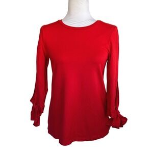 Halogen Women's‎ Top Red Soft Long Sleeve Bow Cuff  Festive Crew Neck Petite XS